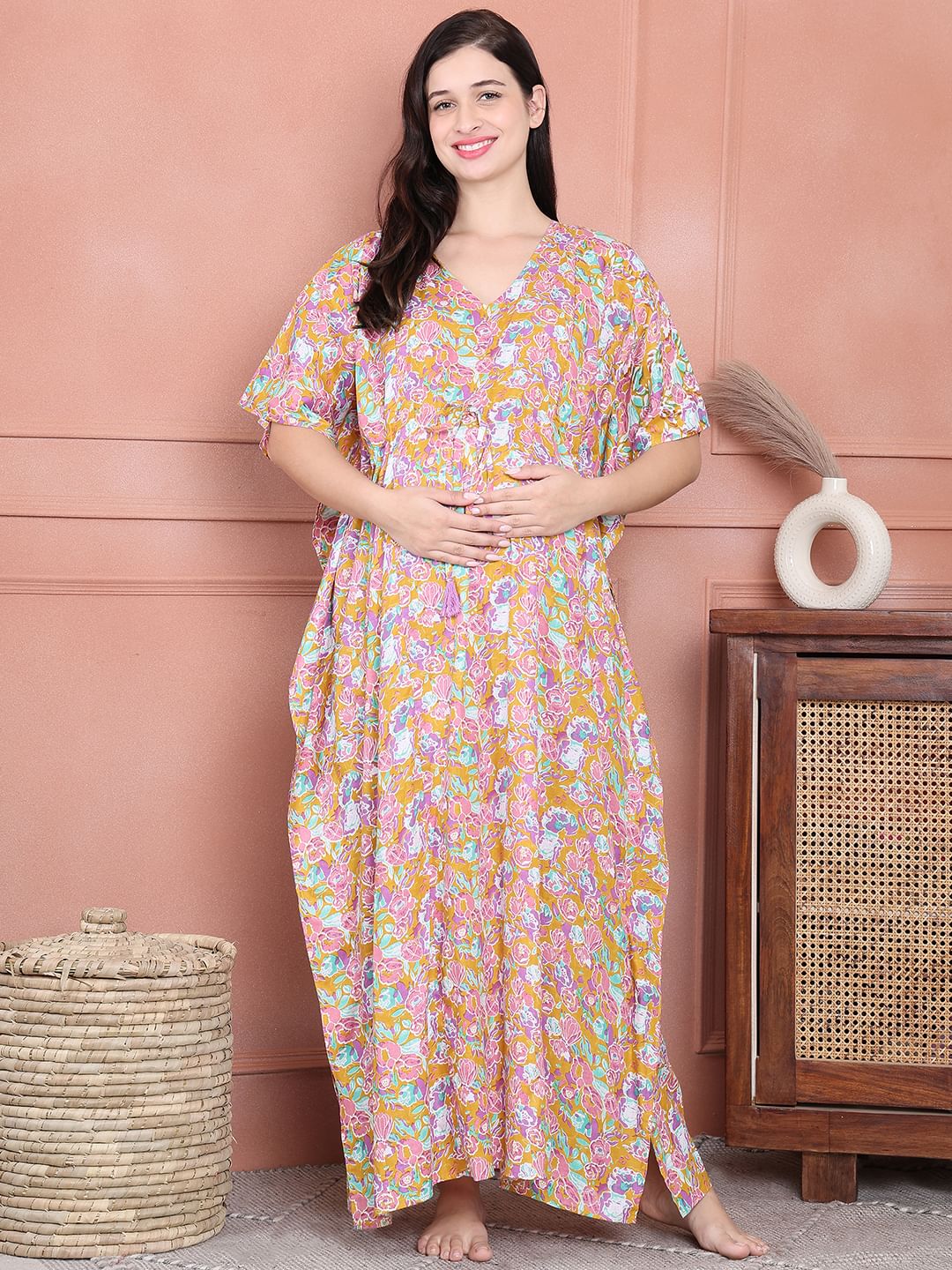 Secret Wish Pink Floral Cotton Maternity Kaftan Full Length