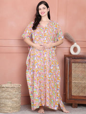 Secret Wish Pink Floral Cotton Maternity Kaftan Full Length