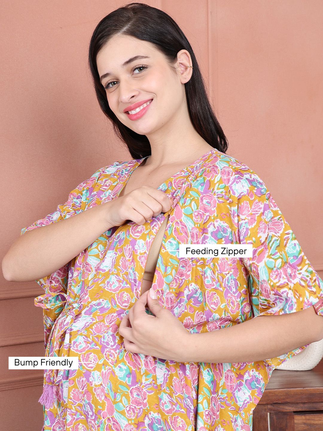 Secret Wish Pink Floral Cotton Maternity Kaftan Full Length