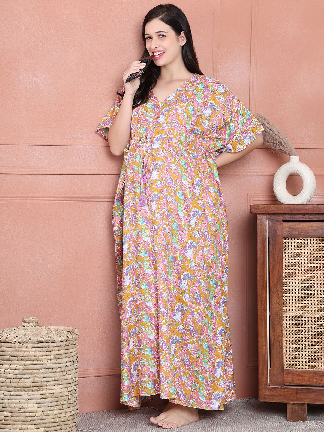Secret Wish Pink Floral Cotton Maternity Kaftan Full Length