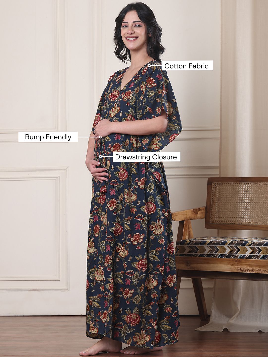 Navy Blue Floral Cotton Maternity Kaftan