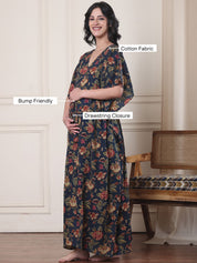 Navy Blue Floral Cotton Maternity Kaftan