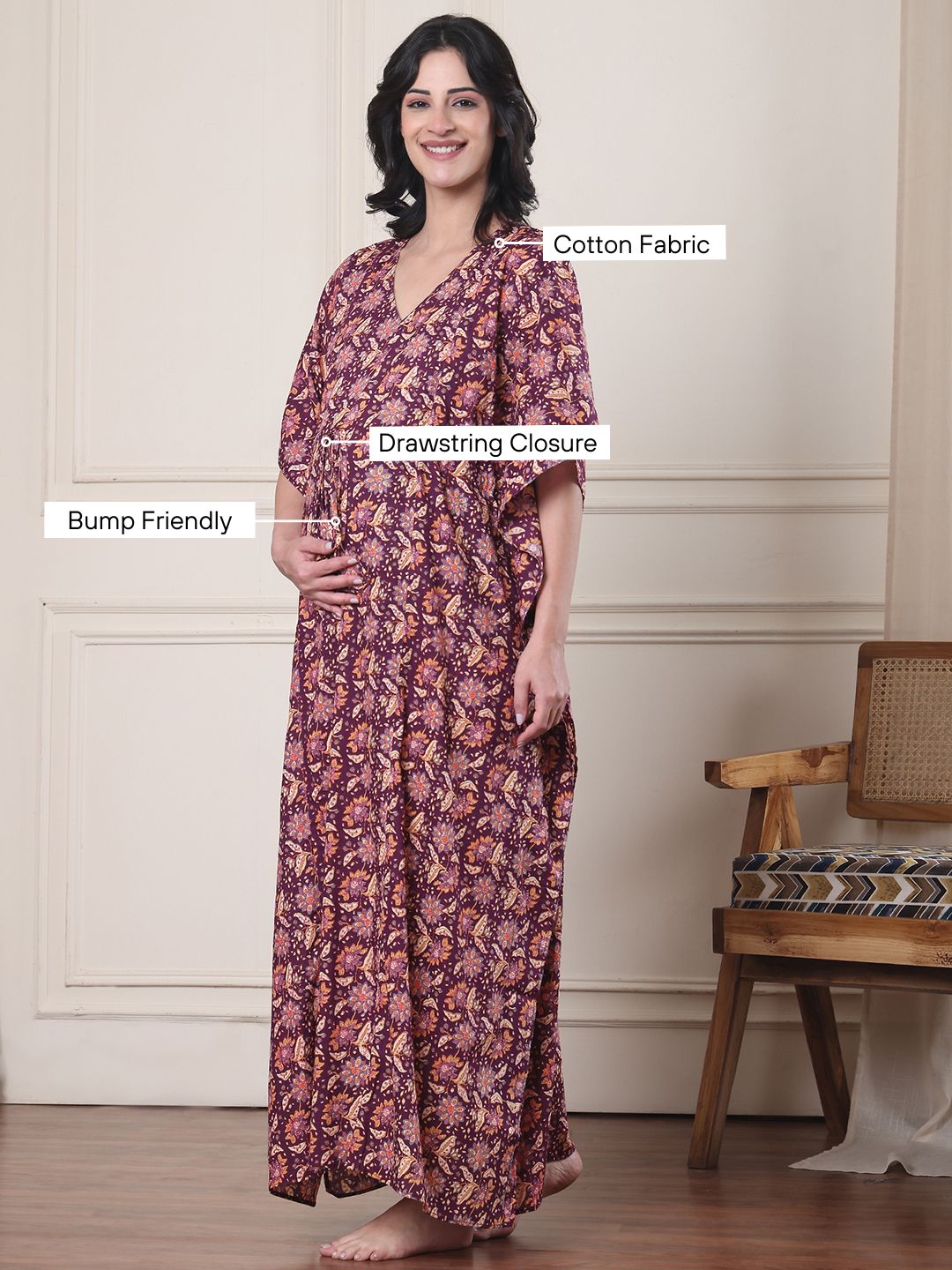 Purple Floral Cotton Maternity Kaftan
