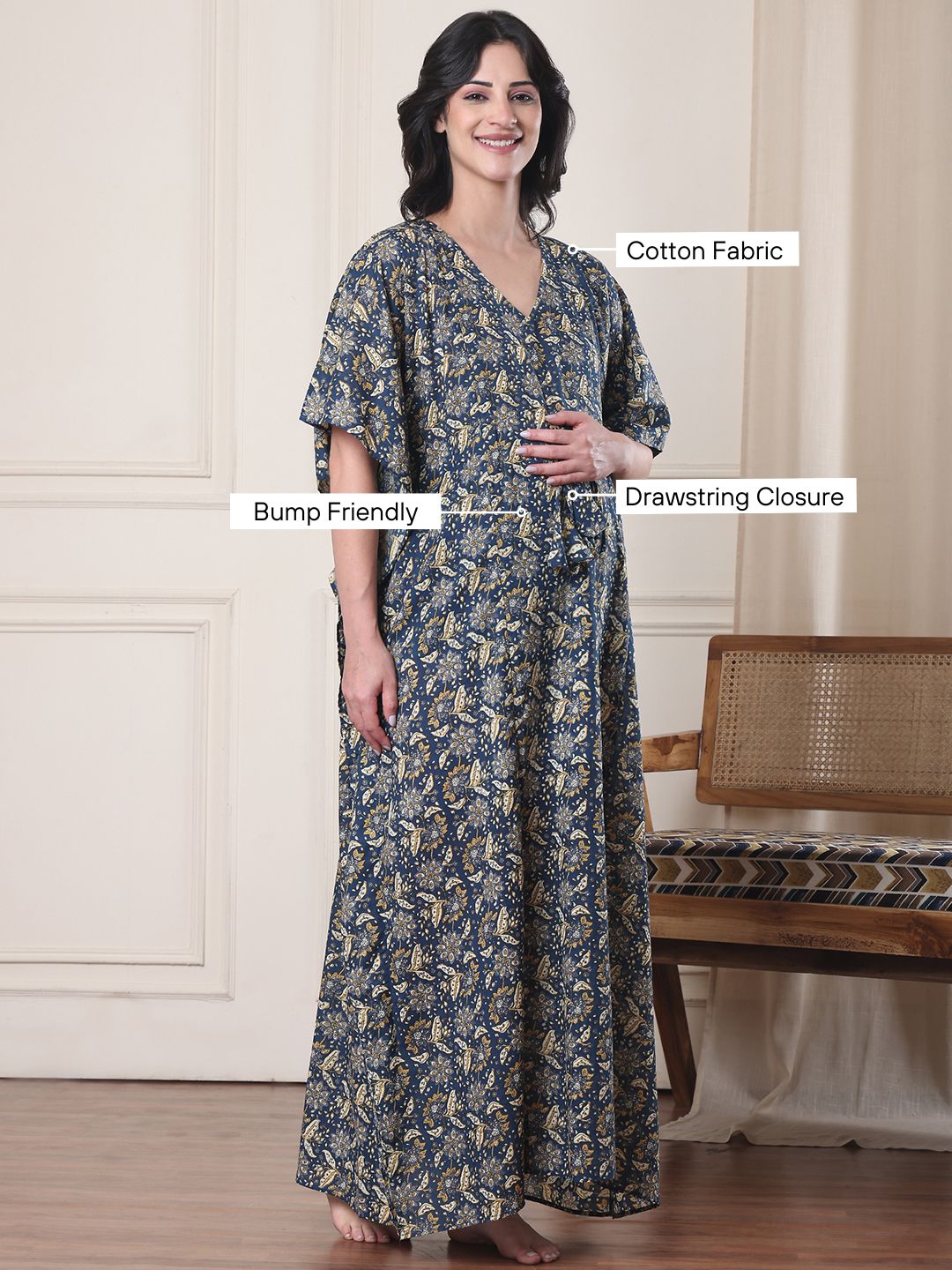 Blue Floral Cotton Maternity Kaftan
