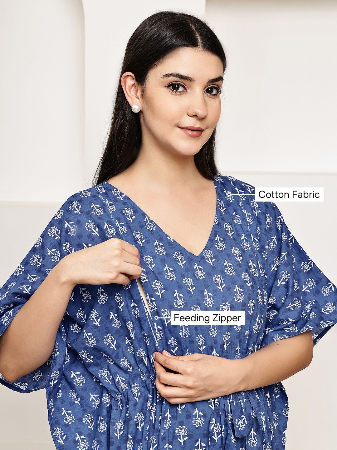 Blue Floral Cotton Maternity Kaftan