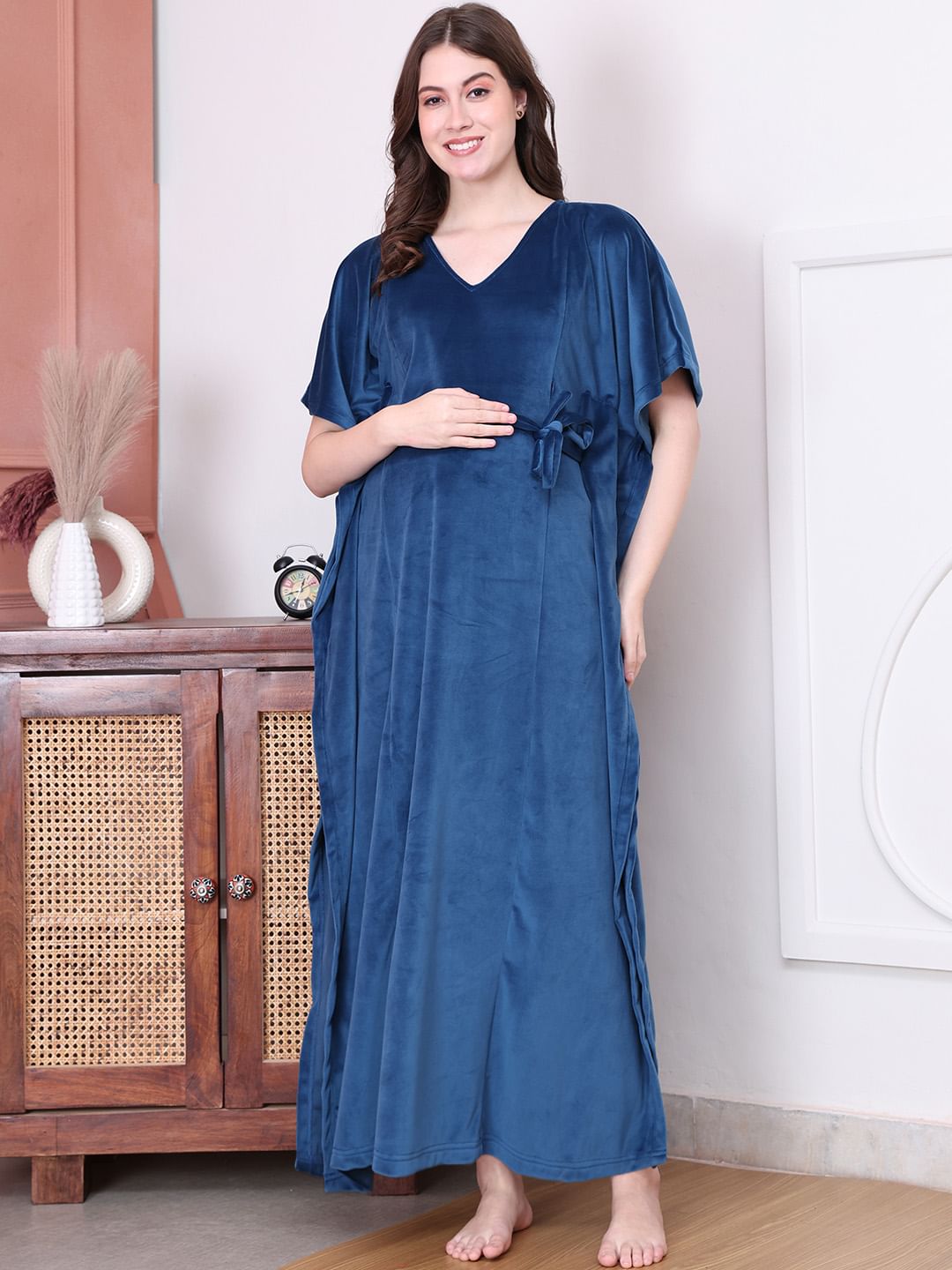 Solid Blue Velvet Maternity Kaftan Full length