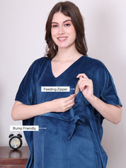 Solid Blue Velvet Maternity Kaftan Full length