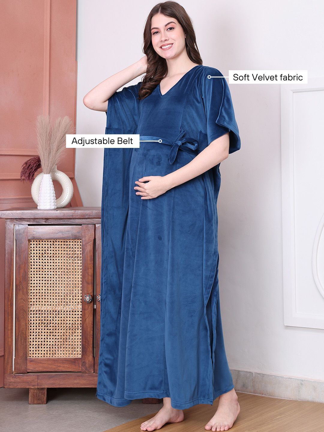 Solid Blue Velvet Maternity Kaftan Full length