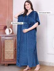 Solid Blue Velvet Maternity Kaftan Full length