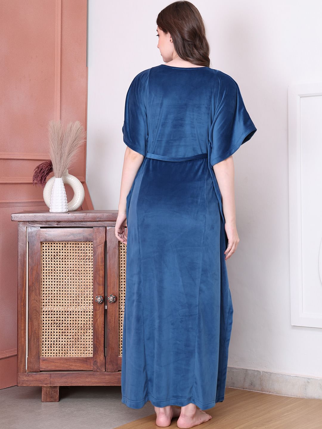 Solid Blue Velvet Maternity Kaftan Full length