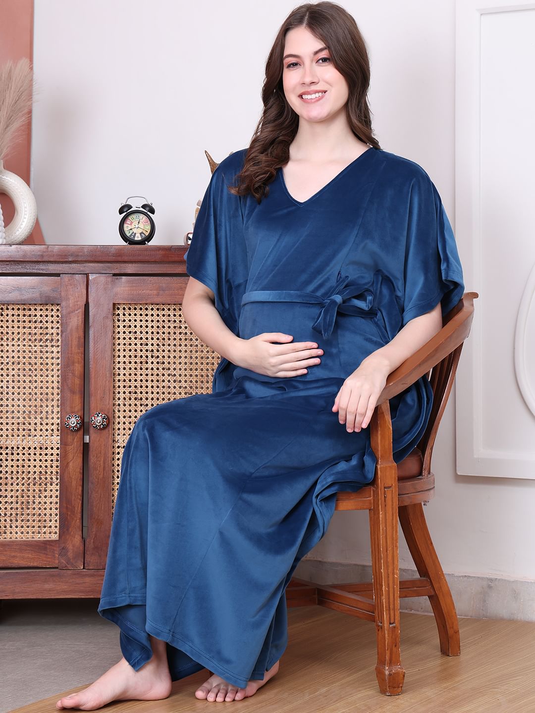 Solid Blue Velvet Maternity Kaftan Full length