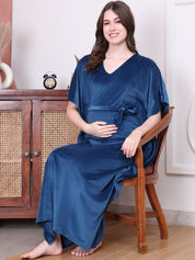 Solid Blue Velvet Maternity Kaftan Full length