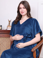 Solid Blue Velvet Maternity Kaftan Full length