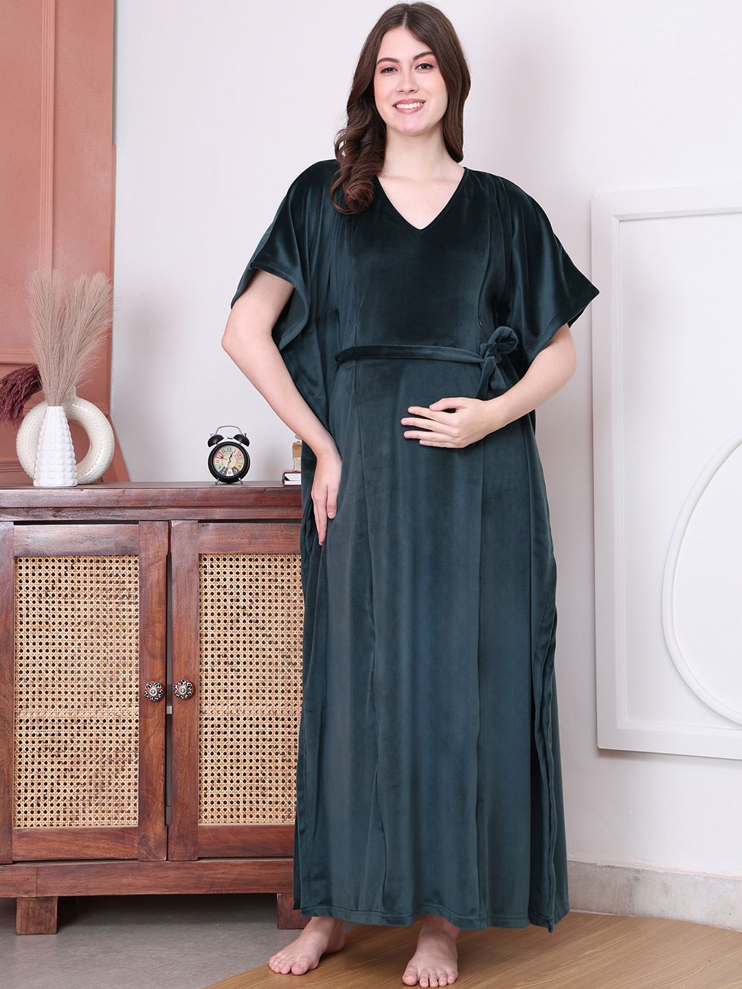 Buy Solid Green Velvet Maternity Kaftan Full Length Online at Secret Wish Buy Solid Green Velvet Maternity Kaftan Full Length Online at Secret Wish