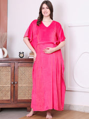 Pink Solid Velvet Maternity Kaftan