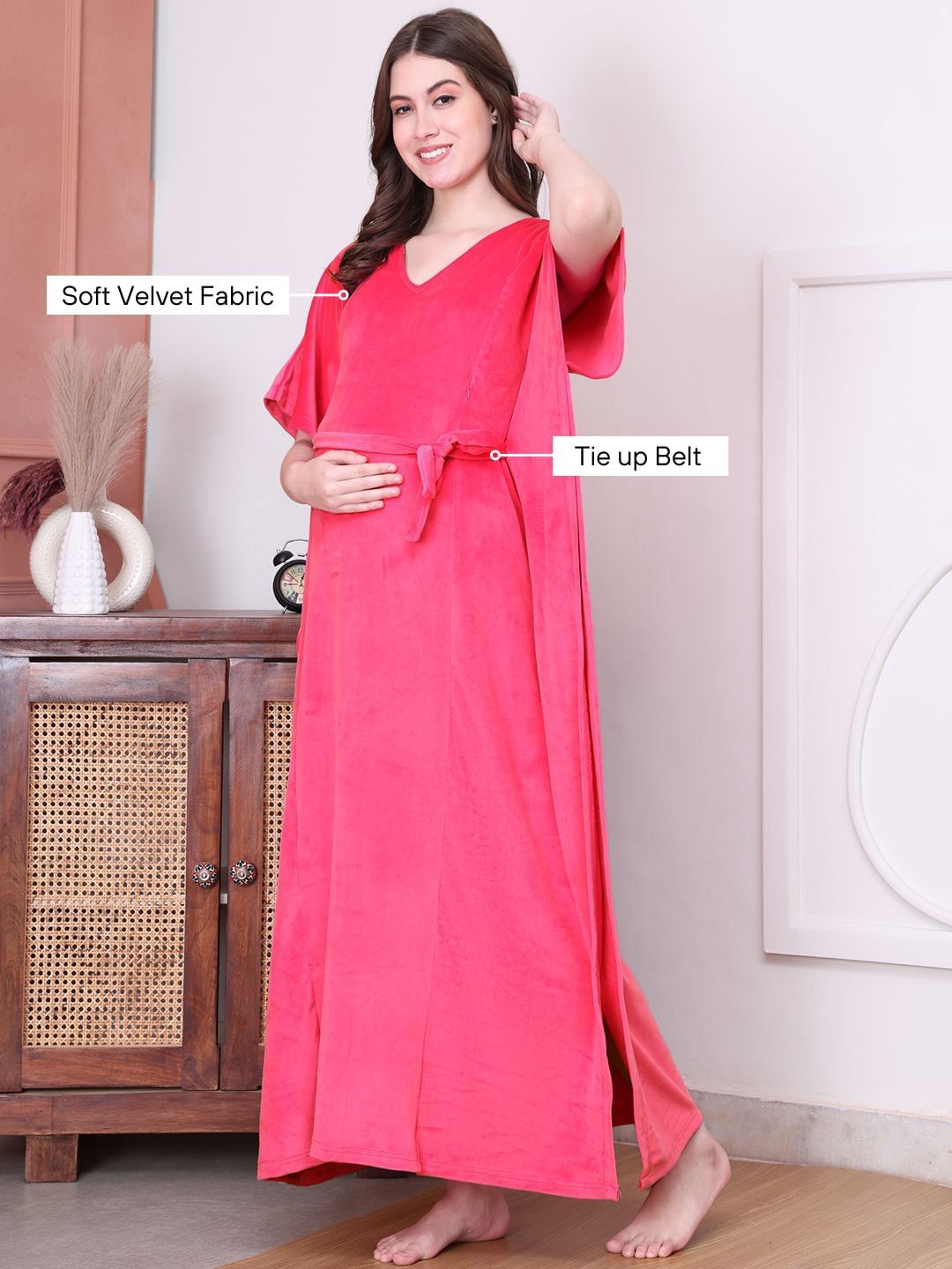 Pink Solid Velvet Maternity Kaftan