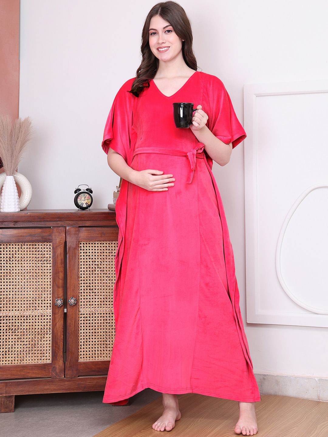 Pink Solid Velvet Maternity Kaftan