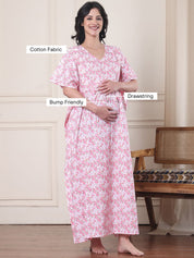 Pink Floral Pure Cotton Maternity Kaftan
