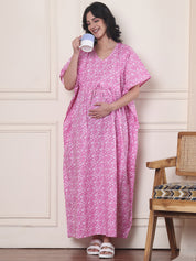 Pink Floral Pure Cotton Maternity Kaftan