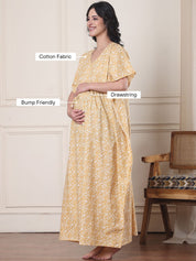 Yellow Floral Pure Cotton Maternity Kaftan
