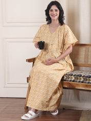 Yellow Floral Pure Cotton Maternity Kaftan