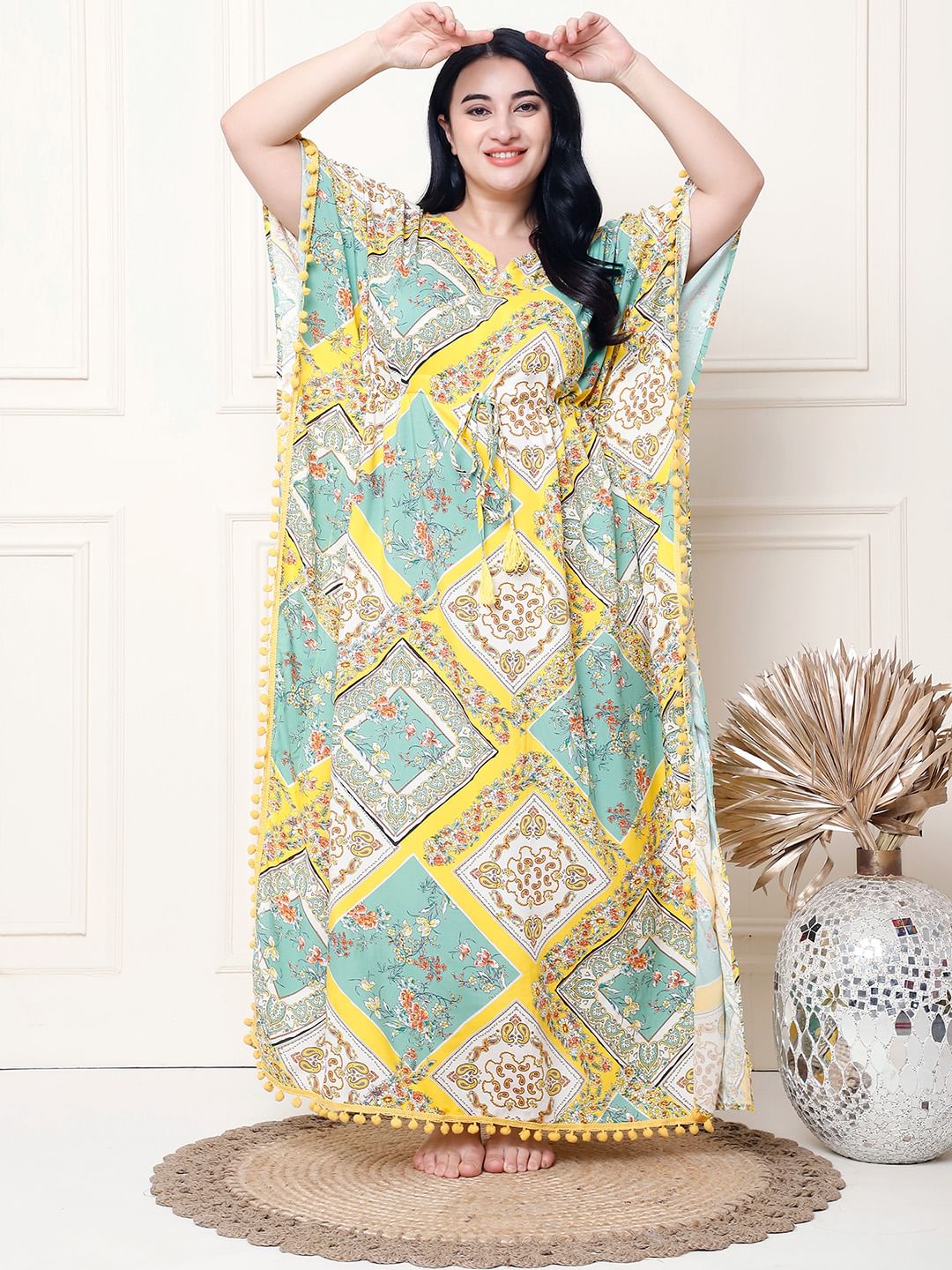 Geometric Print Yellow Rayon Plus Size Kaftan Full Length