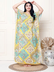 Geometric Print Yellow Rayon Plus Size Kaftan Full Length