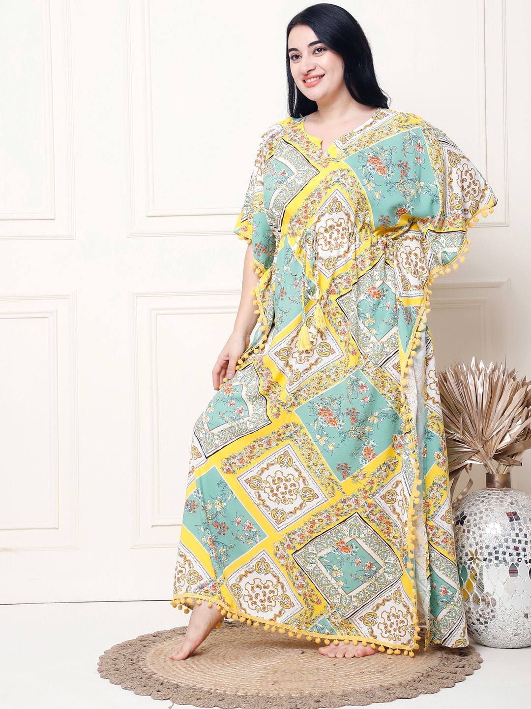 Geometric Print Yellow Rayon Plus Size Kaftan Full Length