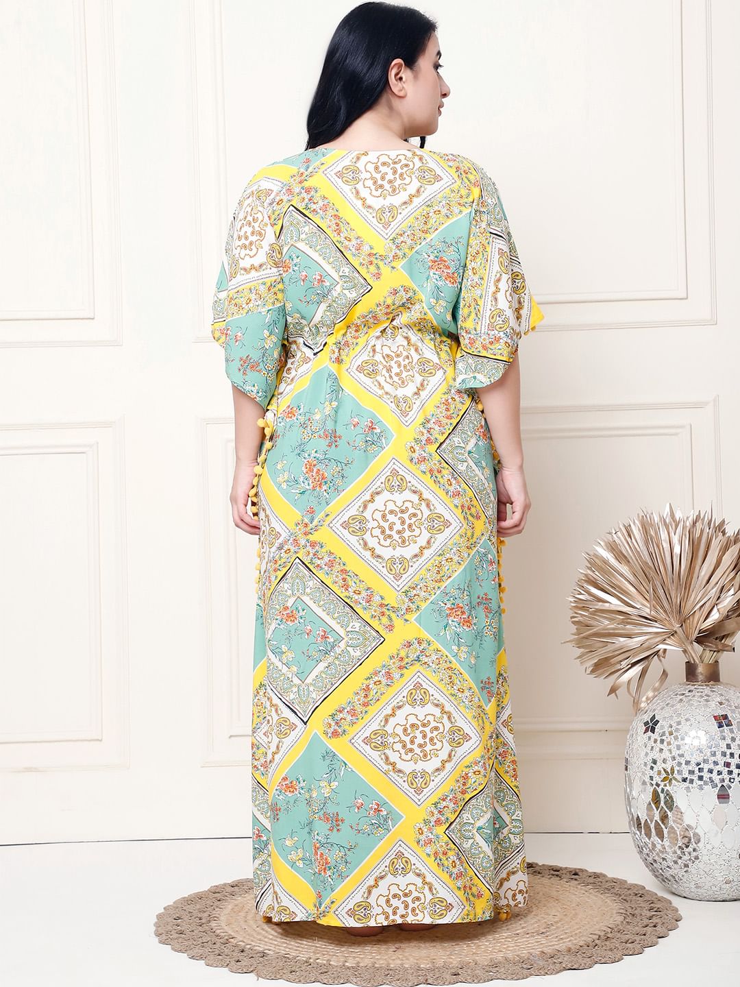 Geometric Print Yellow Rayon Plus Size Kaftan Full Length