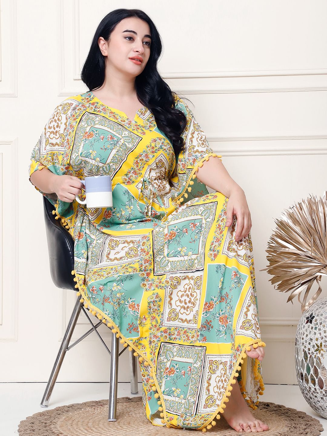 Geometric Print Yellow Rayon Plus Size Kaftan Full Length