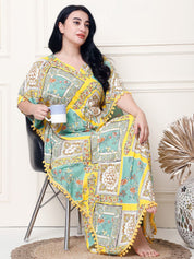 Geometric Print Yellow Rayon Plus Size Kaftan Full Length