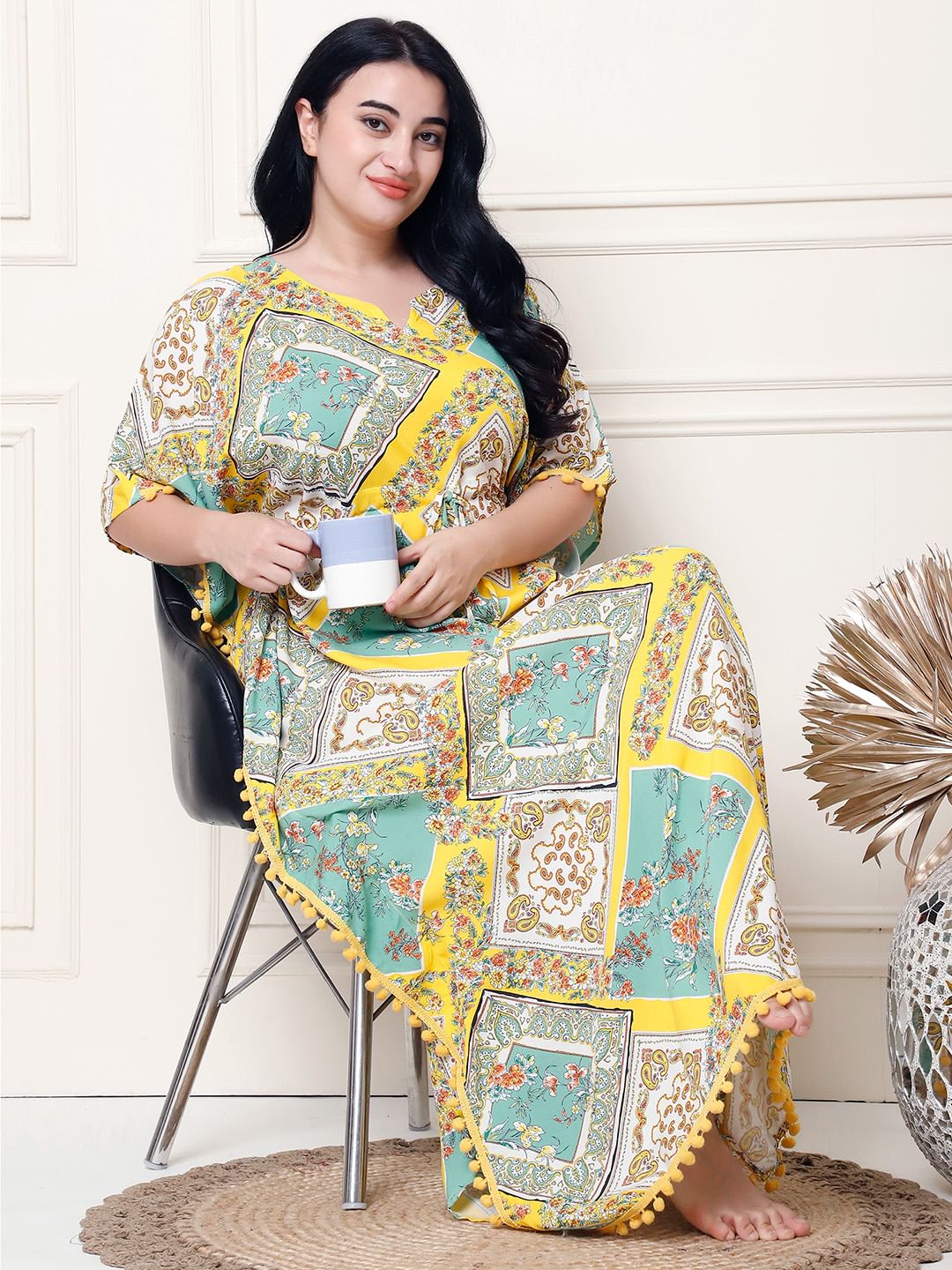 Geometric Print Yellow Rayon Plus Size Kaftan Full Length