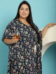 Navy Blue Floral Cotton Plus size Nighty
