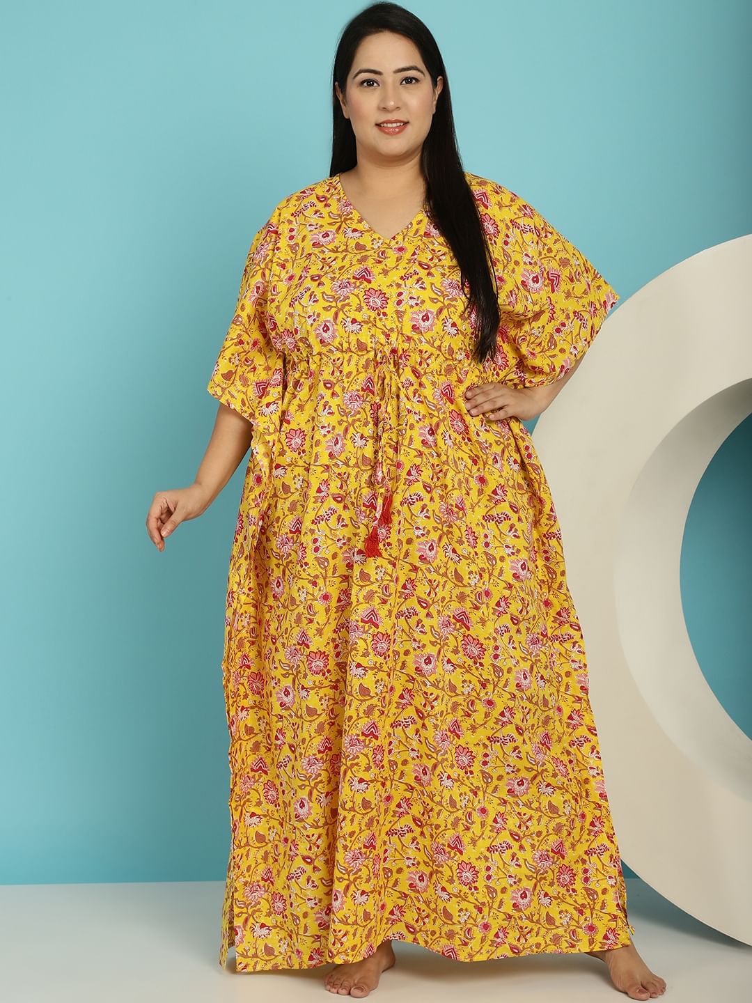 Yellow Floral Cotton Plus size Nighty