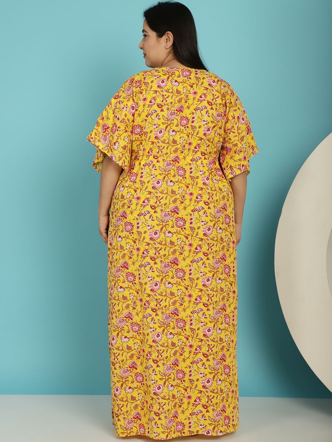 Yellow Floral Cotton Plus size Nighty