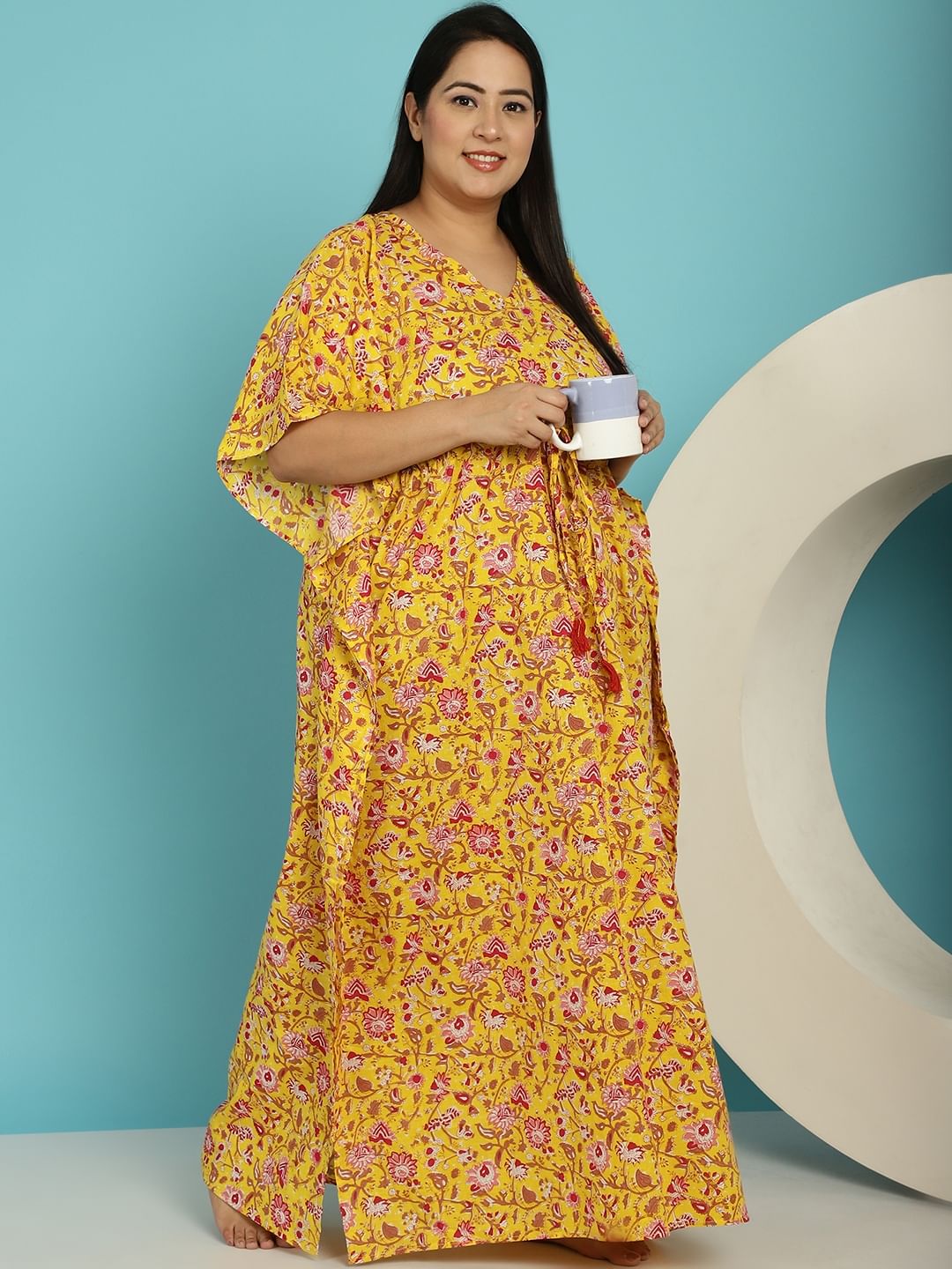 Yellow Floral Cotton Plus size Nighty