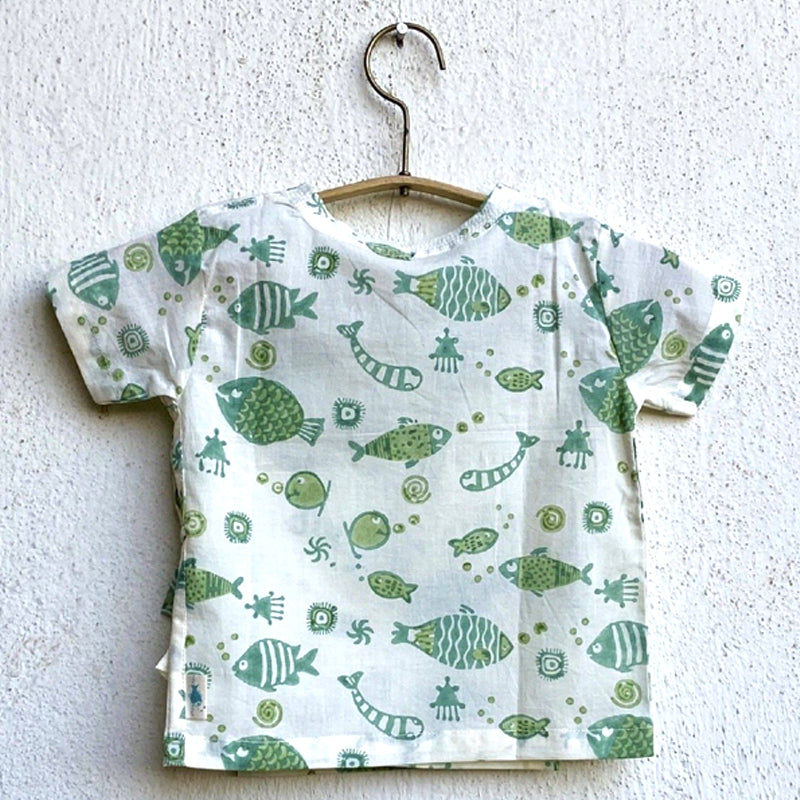 Whitewater Kids Unisex Organic Fish Print Angarakha Top with Mint Pants