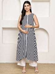 Navy Blue Striped Rayon Maternity Kurta with Trouser