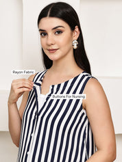 Navy Blue Striped Rayon Maternity Kurta with Trouser