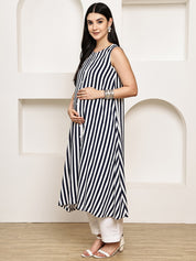 Navy Blue Striped Rayon Maternity Kurta with Trouser