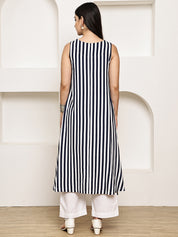 Navy Blue Striped Rayon Maternity Kurta with Trouser
