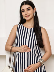 Navy Blue Striped Rayon Maternity Kurta with Trouser