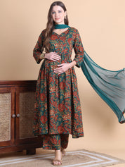 Green Floral Cotton Maternity Suit Sets With Dupatta