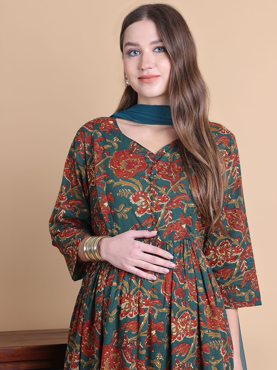 Green Floral Cotton Maternity Suit Sets With Dupatta