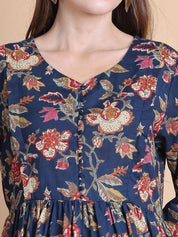 Navy Blue Floral Cotton Maternity Suit Sets With Dupatta