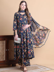 Navy Blue Floral Cotton Maternity Suit Sets With Dupatta
