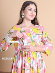 Pink Floral Cotton Maternity Suit Sets With Dupatta