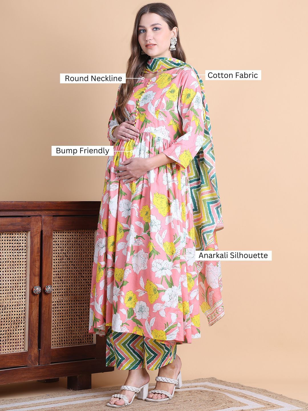 Pink Floral Cotton Maternity Suit Sets With Dupatta