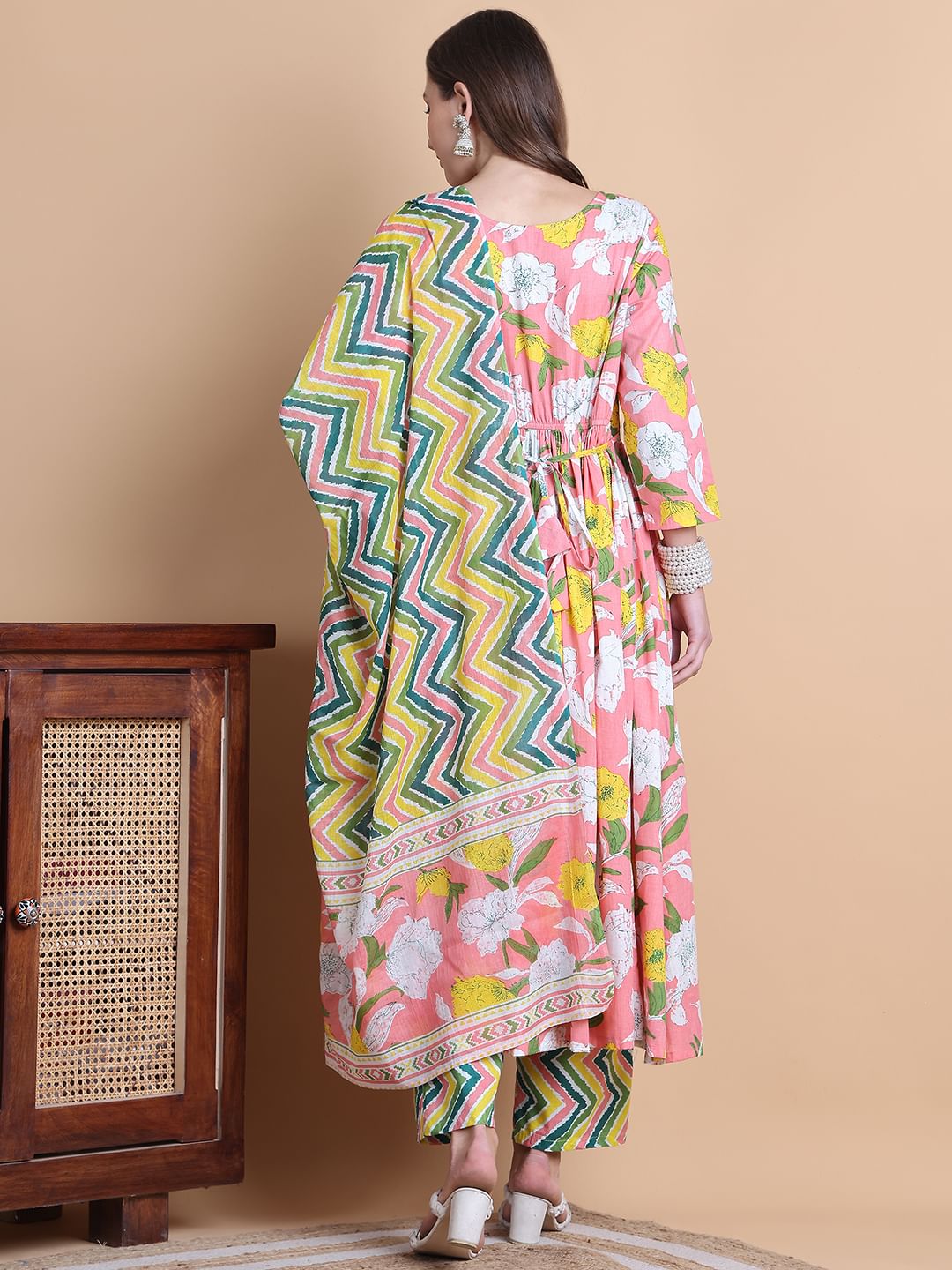 Pink Floral Cotton Maternity Suit Sets With Dupatta