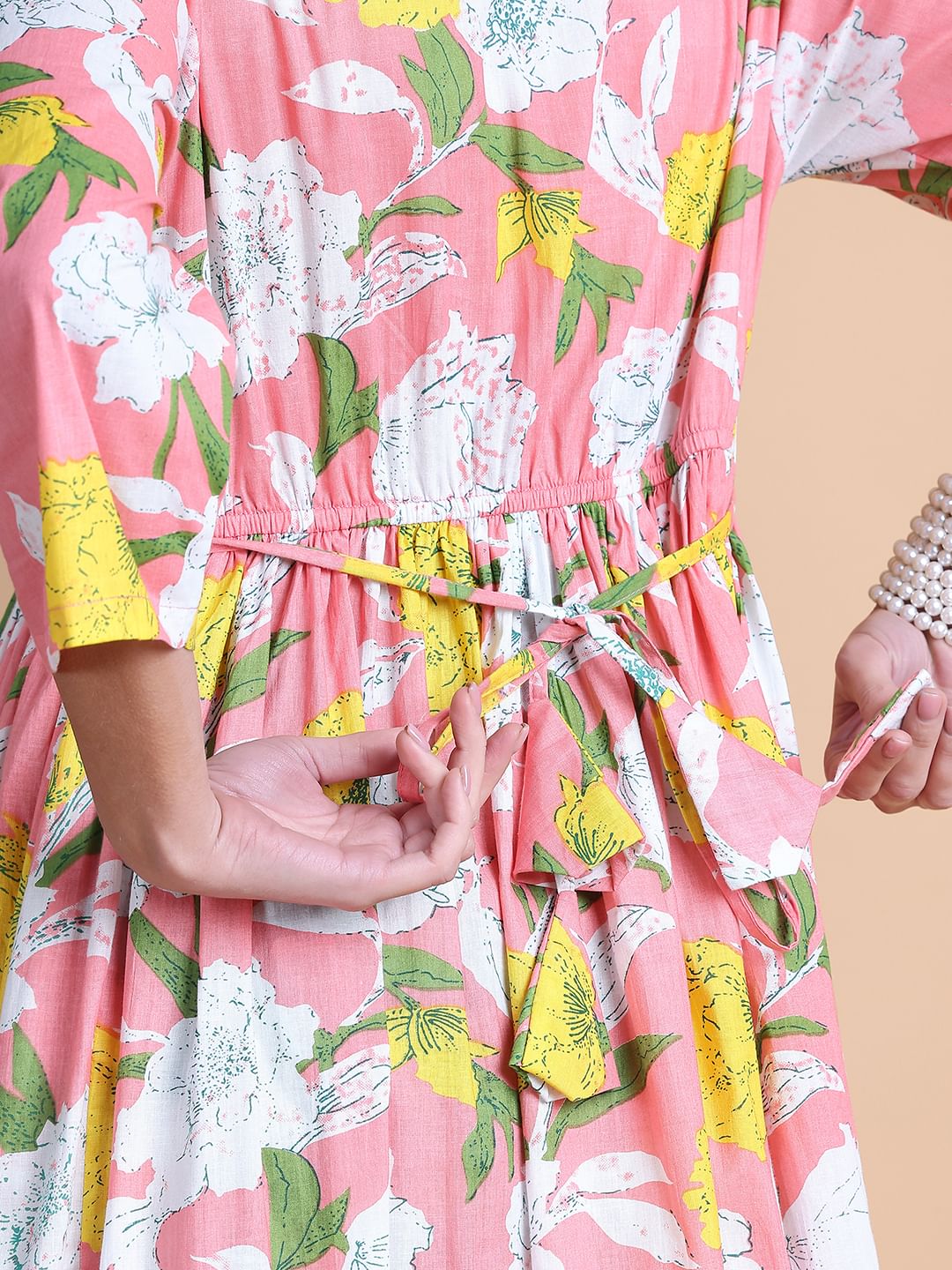 Pink Floral Cotton Maternity Suit Sets With Dupatta